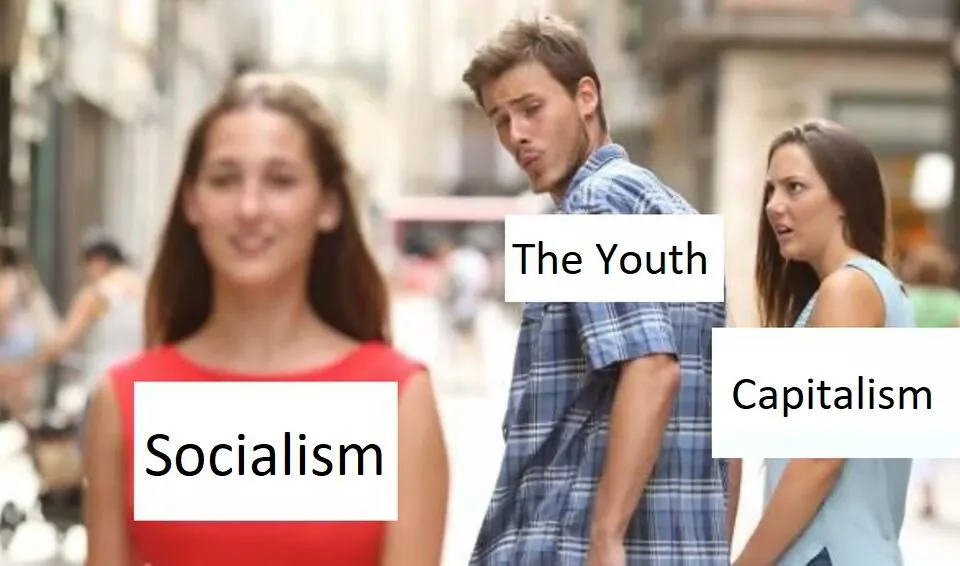 The Distracted Boyfriend stock photo labelled Socialism, The Youth and Capitalism, as tweeted on 19 August 2017